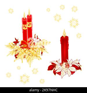 Christmas red candlelights with bows  and poinsettia vintage vector illustration editable hand draw Stock Vector