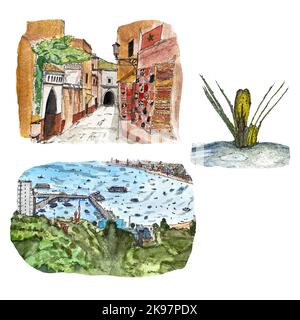 Snowdrop sea view morocco street hand drawn Stock Photo