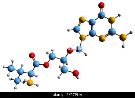 3D image of Valganciclovir skeletal formula - molecular chemical structure of antiviral medication isolated on white background Stock Photo