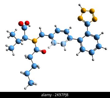 3D image of Valsartan skeletal formula - molecular chemical structure of high blood pressure medication isolated on white background Stock Photo