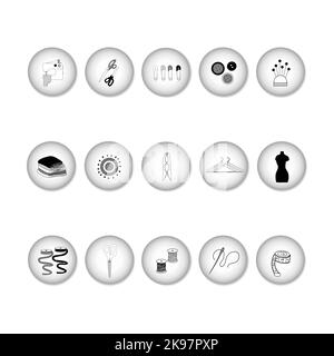 A large set of linear icons for sewing clothes and accessories on round backgrounds with a 3D effect. Vector icons isolated on white. Stock Vector