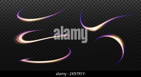 Set of abstract light lines of movement and speed, blue, gold, purple colors. Light everyday glowing effect. semicircular wave, light trail curve Stock Vector