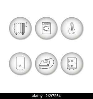 Linear icons of electrical appliances on round backgrounds with 3D effect. Vector icons isolated on white. Stock Vector