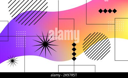 Modern Abstract Background Illustration. Purple-Yellow Gradient Wavy Line with Geometric Shapes of Circles, Stars and Squares on White Background. Backdrop for your Social Media, Branding, Graphic Design, Banner, Poster. Vector illustration Stock Vector