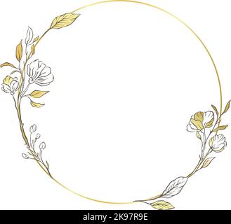 Floral gold vector circle frame flower elegant leaves nature round background  Stock Vector
