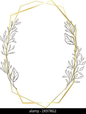 Gold oval frame leaves border, delicate wedding line background Stock Vector