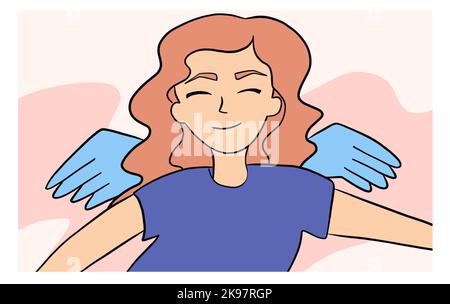 Vector illustration. Happy woman smiles with wings behind her back Stock Vector