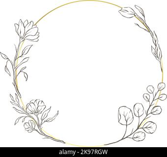 Floral gold vector circle frame flower elegant leaves nature round background  Stock Vector