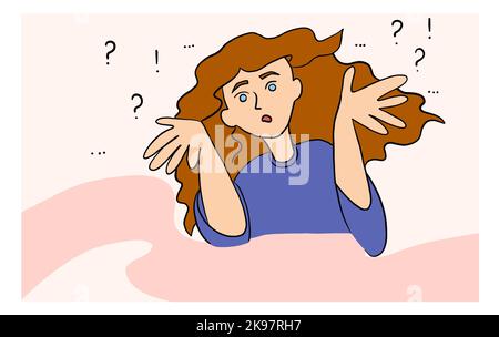 Concerned, surprised woman spreads her arms to the sides and asks questions Stock Vector