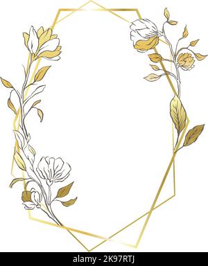 Gold oval frame leaves border, delicate wedding line background Stock Vector