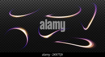 Set of abstract light lines of movement and speed, blue, gold, purple colors. Light everyday glowing effect. semicircular wave, light trail curve Stock Vector