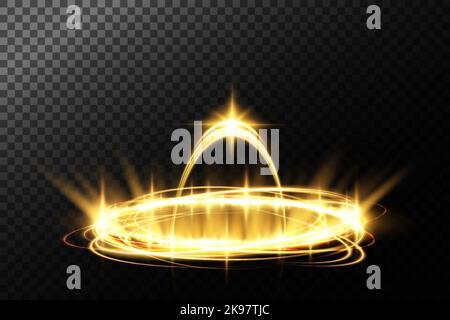 Magic portals on the night scene. Golden round holograms with rays of light and sparkles. Glowing futuristic teleport tunnel with copy space on black Stock Vector