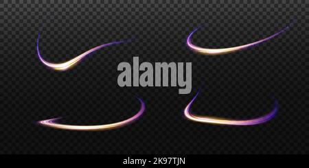 Set of abstract light lines of movement and speed, blue, gold, purple colors. Light everyday glowing effect. semicircular wave, light trail curve Stock Vector