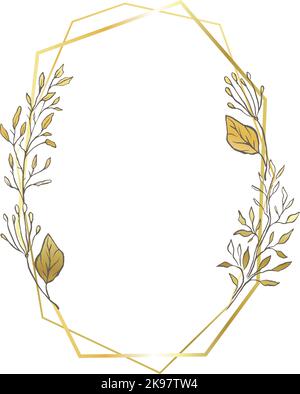 Gold oval frame leaves border, delicate wedding line background Stock Vector