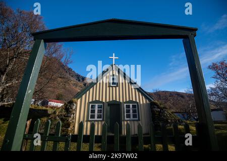 Hofskirkja, is the last turf church built in Iceland. Was constructed in 1884, and restored in the 1950’s. It’s still a practicing parish. Stock Photo