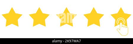 Five yellow stars with clicking hand. Customer feedback 5 stars scale. Rating sign. Stock Vector