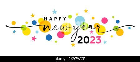 Happy new year 2023 greetings banner with swirl ribbon and colored stars. Creative concept of 20 23 Happy New Year calligraphy for poster or banner Stock Vector