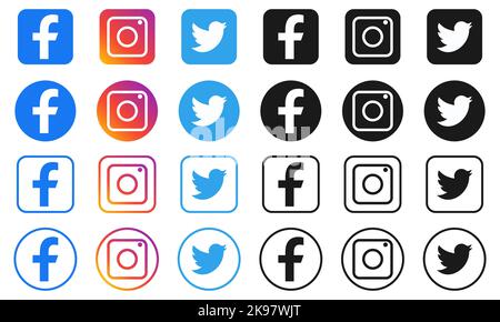 Set of most popular social media icons: Facebook, Instagram and Twitter. Editorial vector Stock Vector