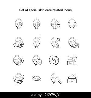 Facial skin care, icon set. The woman applies products for healthy skin, linear icons. Gram, mask, cosmetics for young elastic skin. Stock Vector