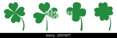 Set of green three and four leaf clovers. Vector illustration isolated on white background Stock Vector