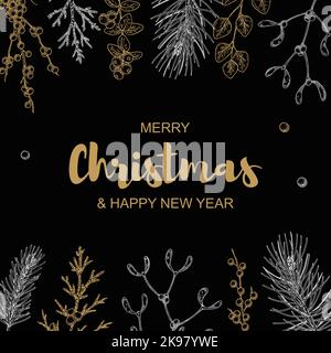 Merry Christmas and Happy New Year square design with hand drawn golden evergreen branches and mistletoe on black background. Vector illustration in s Stock Vector