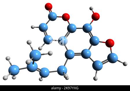3D image of Alloimperatorin skeletal formula - molecular chemical structure of coumarin compound Prangenidin isolated on white background Stock Photo
