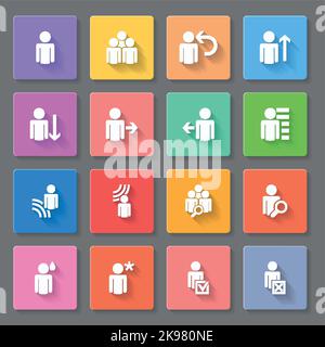Set of icons, avatar and people silhouette isolated in multicolored squares Stock Vector