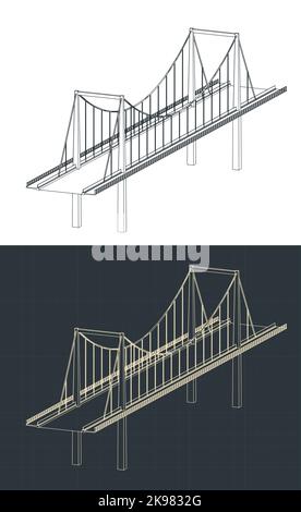 Stylized vector illustration of isometric blueprints of cable-stayed bridge Stock Vector
