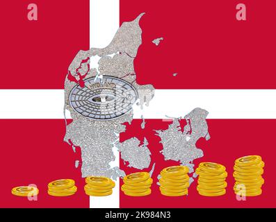 Outline map of Denmark with the image of the national flag. Hatch for the water system inside the map. Stacks of Euro coins. Collage. Stock Photo