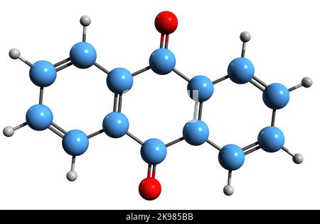 3D image of anthraquinone skeletal formula - molecular chemical structure of aromatic organic compound isolated on white background Stock Photo
