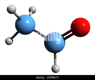 3D image of Acetaldehyde skeletal formula - molecular chemical structure of Ethyl aldehyde isolated on white background Stock Photo