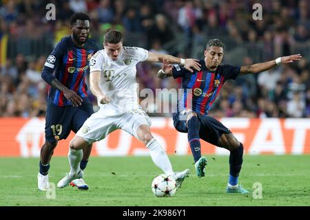 Barcelona, Spain. 26/10/2022, Marcel Sabitzer of FC Bayern Munchen in action with Raphinha of FC Barcelona during the UEFA Champions League match between FC Barcelona and FC Bayern Munchen at Spotify Camp Nou in Barcelona, Spain. Stock Photo