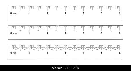 Set of 6 inches rulers with markup, numbers and fractions. Math or geometric tools for distance, height or length measuring isolated on white background. Vector graphic illustration Stock Vector