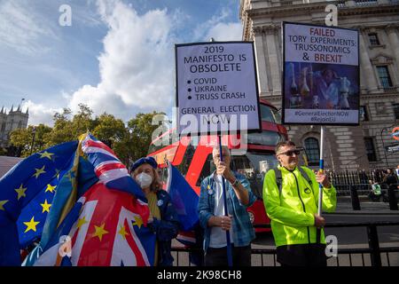 Westminster, London, UK. 26th October, 2022. Steve Bray known as Mr Brexit together with anti Tory and pro Europe campaigners were demonstrating outside the House of Commons today. They are calling for a General Election following the appointment of Rishi Sunak as the new PrimeMinister and the impact that recent mini-budget had on the financial markets. Credit: Maureen McLean/Alamy Live News Stock Photo