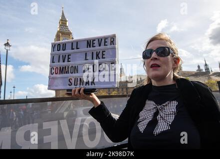 Westminster, London, UK. 26th October, 2022. Steve Bray known as Mr Brexit together with anti Tory and pro Europe campaigners were demonstrating outside the House of Commons today. They are calling for a General Election following the appointment of Rishi Sunak as the new PrimeMinister and the impact that recent mini-budget had on the financial markets. Credit: Maureen McLean/Alamy Live News Stock Photo