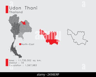 A Set of Infographic Elements for the Province Udon Thani Position in Thailand. and Area District Population and Outline. Vector with Gray Background. Stock Vector