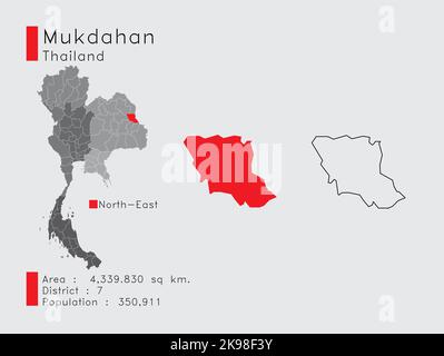 A Set of Infographic Elements for the Province Mukdahan Position in Thailand. and Area District Population and Outline. Vector with Gray Background. Stock Vector