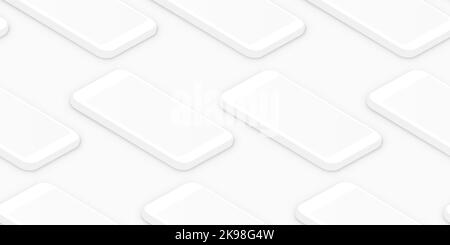 Clean white isometric smartphones. Realistic empty screen phones seamless pattern. Empty screen phone template for inserting UI interface or business Stock Vector