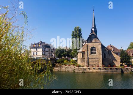 Medieval church of Saint-Maurice on bank of Yonne river in Sens Stock Photo