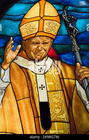 Stained glass window portrait of Pope John John Paull II inside the Wieliczka Salt Mine, Cracow, Poland. Stock Photo