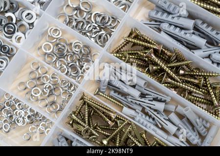 Screws and dowels of various sizes in A transparent plastic box container Organized, on a wood bg. Close up, top view. Stock Photo