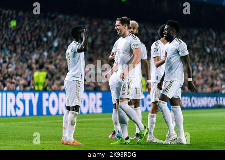 Barcelona, Spain. 26th Oct, 2022. Players of Bayern Munich celebrate a goal during the UEFA Champions League Group C soccer match between FC Barcelona and Bayern Munich at Camp Nou Stadium in Barcelona, Spain, on Oct. 26, 2022. Credit: Joan Gosa/Xinhua/Alamy Live News Stock Photo