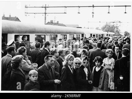 Billesholm station from Last Train's arrival at Billesholm and the last train departure from Billesholm on May 29, 1960. The name was 1943 Billesholm's mine. The station built in 1875 by Lion, Landskrona - Engelholm's railways. The station built in 1876. One -story station house in stone. Stock Photo