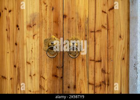ancient wooden gate with two door knocker rings close-up Stock Photo