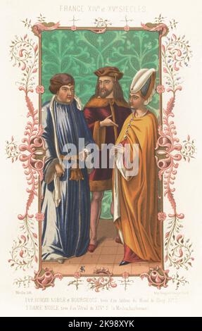 French costumes of the 14th and 15th century. Nobleman and bourgeois 1,2 taken from a 15th century painting in the Musee de Cluny, noble woman from a 14th century stained-glass window from a church in Moulins, Bourbonnais. Within a decorative illuminated frame. Chromolithograph by Moulin after Ferdinand Sere from Charles Louandre’s Les Arts Somptuaires, The Sumptuary Arts, Hangard-Mauge, Paris, 1858. Stock Photo