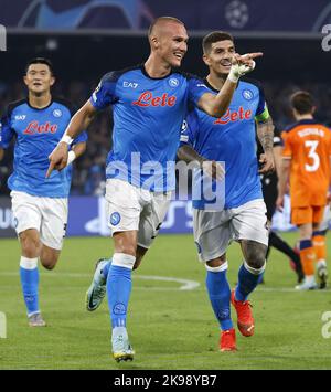 Naples, Italy. 26th Oct, 2022. Napoli's Leo Ostigard (C) celebrates his goal during the UEFA Champions League Group A match between Napoli and Rangers FC in Naples, Italy, Oct. 26, 2022. Credit: Str/Xinhua/Alamy Live News Stock Photo
