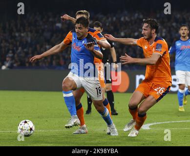 Naples, Italy. 26th Oct, 2022. Napoli's Giovanni Simeone (L) competes during the UEFA Champions League Group A match between Napoli and Rangers FC in Naples, Italy, Oct. 26, 2022. Credit: Str/Xinhua/Alamy Live News Stock Photo