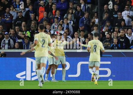 Bruges, Belgium. 26th Oct, 2022. Mehdi Taremi (2nd R) of FC Porto celebrates after scoring a goal during the UEFA Champions League Group B football match between Club Brugge and FC Porto in Bruges, Belgium, Oct. 26, 2022. Credit: Zheng Huansong/Xinhua/Alamy Live News Stock Photo