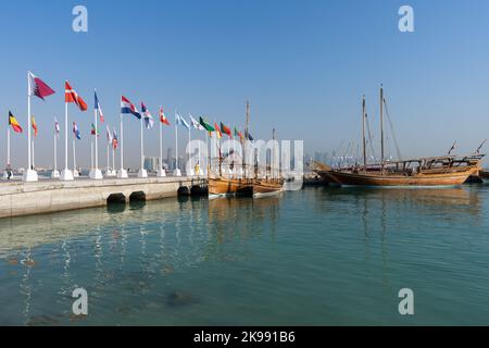 Flags of nations qualified for World Cup Qatar 2022 hoisted at Doha Corniche, Qatar, Middle East. Stock Photo