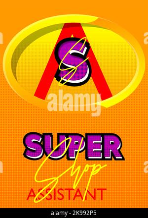 Superhero coat of arms showing Shop Assistant icon. Colorful comic book style vector illustration. Stock Vector